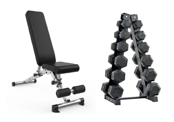 Complete Hex Dumbbells Set with Adjustable Weight Bench and Storage Stand