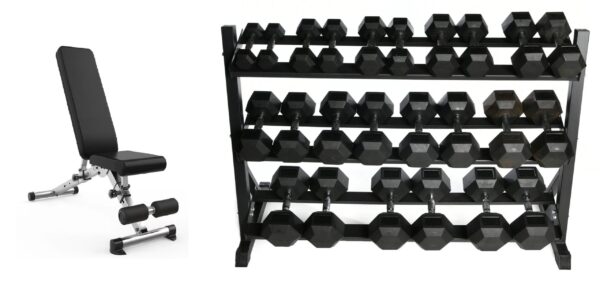 Complete Hex Dumbbells Set with Adjustable Weight Bench and 3 Tier Storage Rack